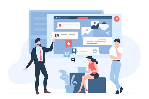 social media marketing online support smm service team of tiny persons with laptop