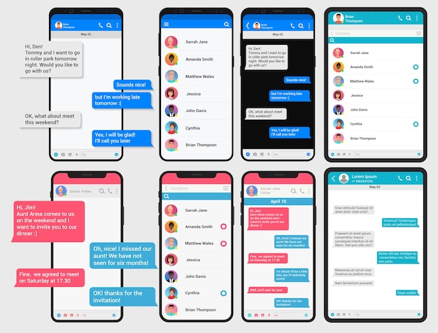 Social network concept. Chating phone and pad table screen templates set. Messenger window. Chating and messaging concept