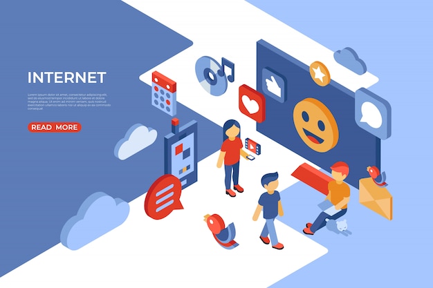 social networks and internet isometric landing page