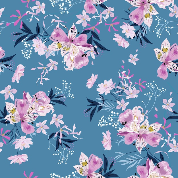 soft gentle and delicate blooming garden floral with many kind of botanical plants seamless pattern vector eps10,design for fashion , fabric, textile, wallpaper, cover, web , wrapping on light blue