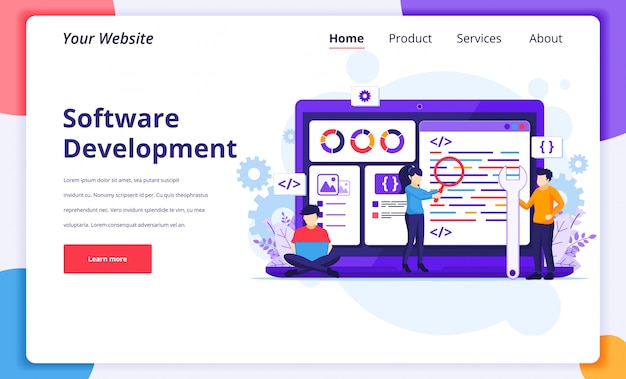 software development concept illustration, people work on a giant laptop programming and coding for website landing page