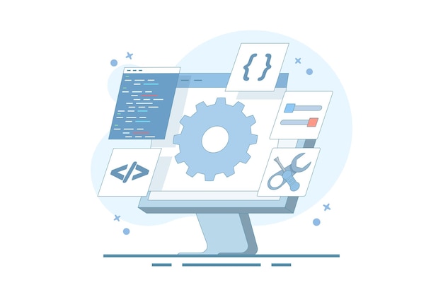Software development concept with Coding and configuration of gears on a computer screen