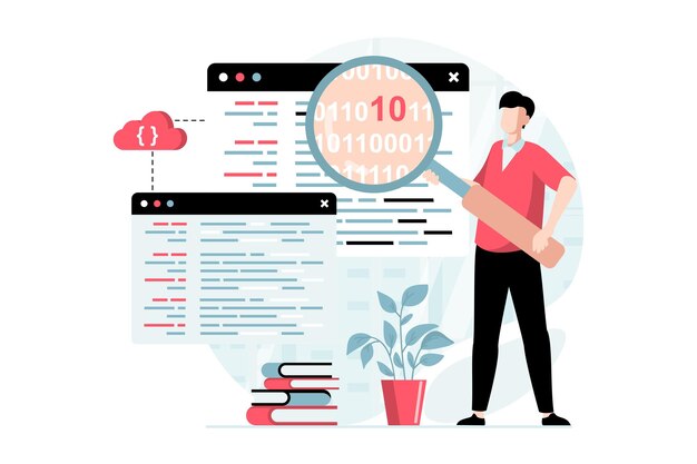 Software development concept with people scene in flat design Man working as programmer searches and fixing code errors develops programs Vector illustration with character situation for web