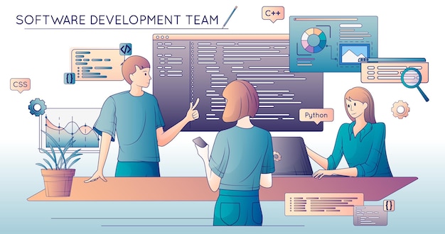 Software development flat line composition with view of programmers team members meeting with icons of code vector illustration