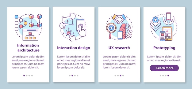 Software development onboarding mobile app page screen with linear concepts. UX designing, prototyping walkthrough 4 steps graphic instructions. UX, UI, GUI vector template with illustrations