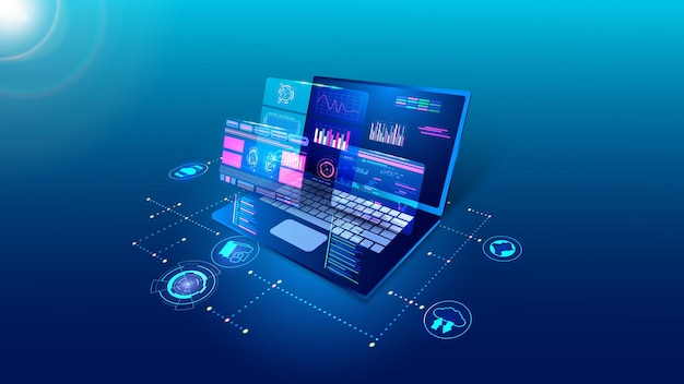 Software technology digital program develop Laptop api code web application computer monitor interface Analysis and processing of information Vector creative background