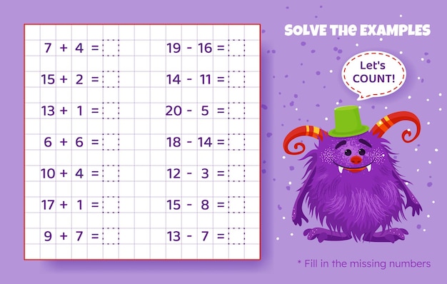 solve the examples addition and subtraction up to 20 mathematical puzzle game worksheet