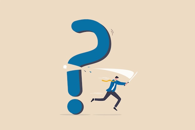 solving problem, answer question or overcome difficulty, solution to eliminate trouble, unknown concept, confidence businessman cut question mark sign with his sword unveil exclamation mark as answer.