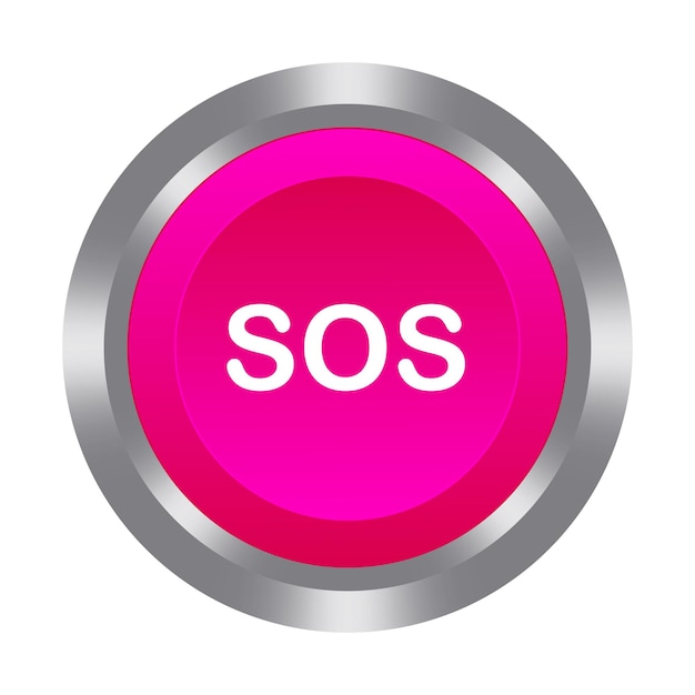 SOS pink button with metal base Push press control manipulation key knob Distress call help save caution warning emergency situation accident doctor first aid danger Vector illustration