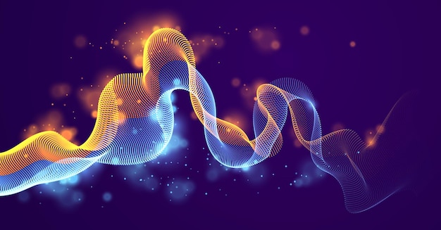 Sound wave over dark, particles flow, effect in motion. Dynamic vector abstract background. 3d shape shining dots blended mesh, future technology relaxing wallpaper.