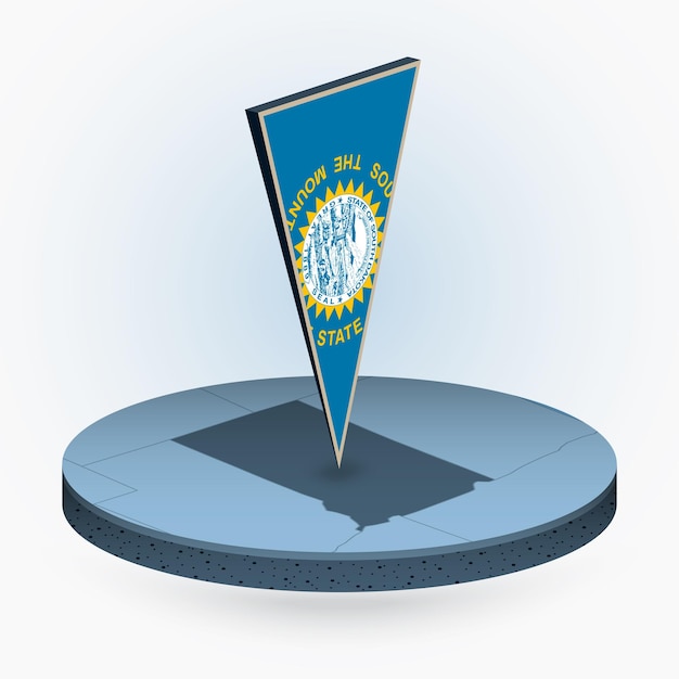 south dakota map in round isometric style with triangular 3d flag of us state south dakota