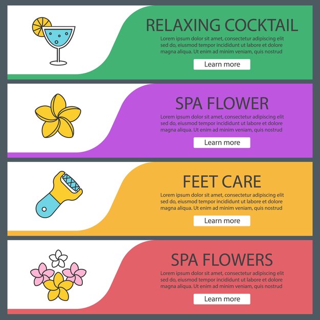 Spa salon web banner templates set. Margarita cocktail, plumeria flowers, foot file. Website color menu items. Vector headers design concepts