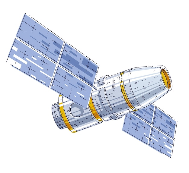Space station iss floating in weightlessness in open space, spacecraft artificial satellite, science and technology. Thin line 3d vector illustration isolated on white background.