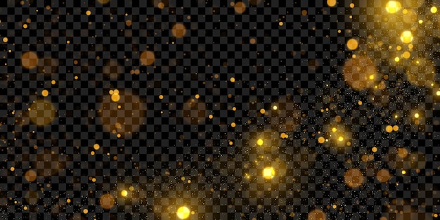 Sparkling golden particles glowing bokeh lights isolated on dark transparent background