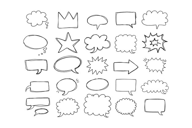 Speaking hand drawn doodle bubbles set Talk clouds sketch frames Speech thought Balloon shapes