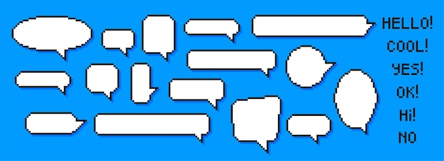 Speech bubbles of various shapes in the pixel art style Set of empty pixelated speech bubbles