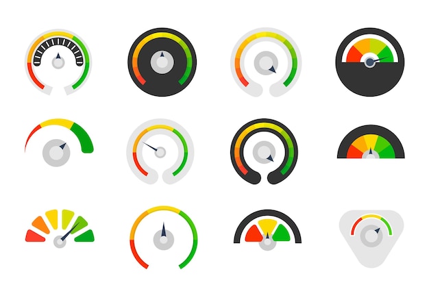 speedometer set different measurement devices with a scale and arrow symbol of speed credit score