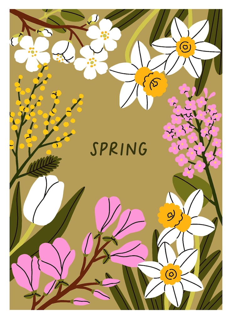 Vektor spring floral framed card design botanical season postcard with blossomed blooming garden natural poster background with delicate daffodil mimosa tulip leaves branches flat vector illustration