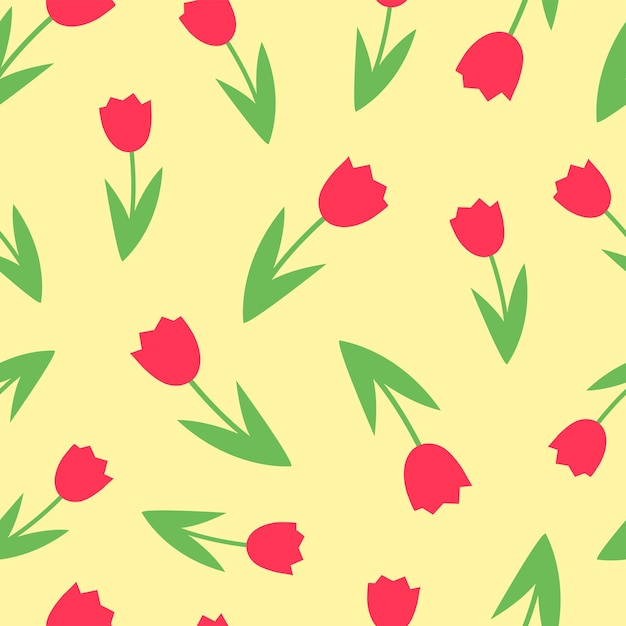 Spring seamless pattern in flat style with flowers and hearts on yellow background