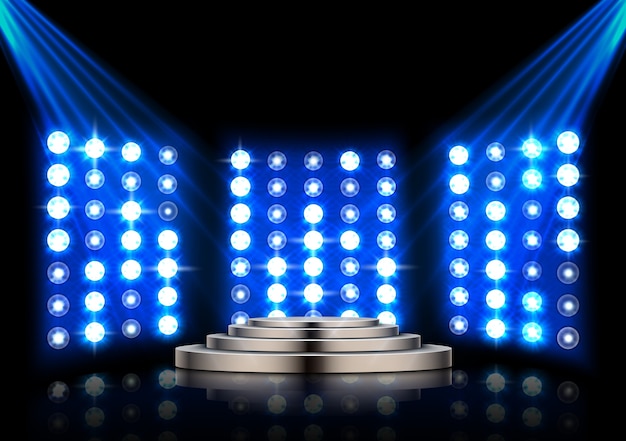 Stage podium with spotlights and stage light background