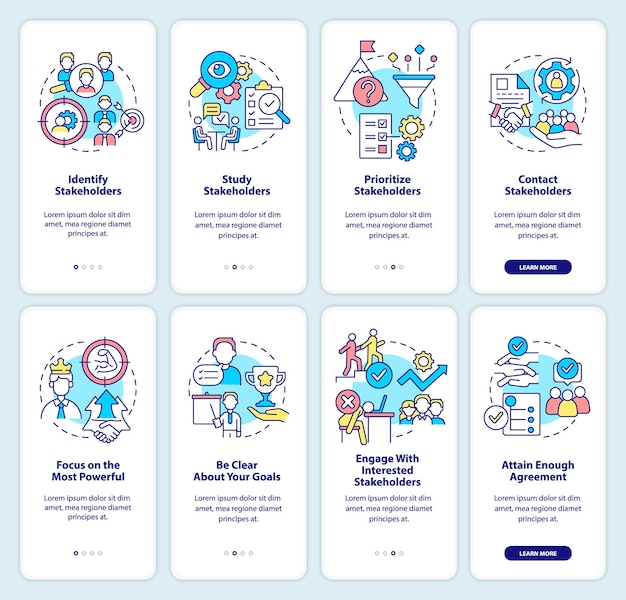 stakeholder management and analysis onboarding mobile app screen set