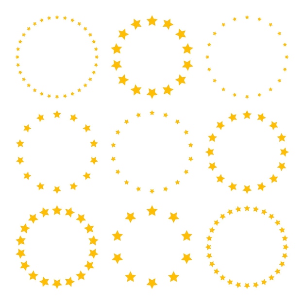 Stars of various sizes arranged in a circle Round frame border Yellow star shape simple symbol Design element ornament Vector illustration