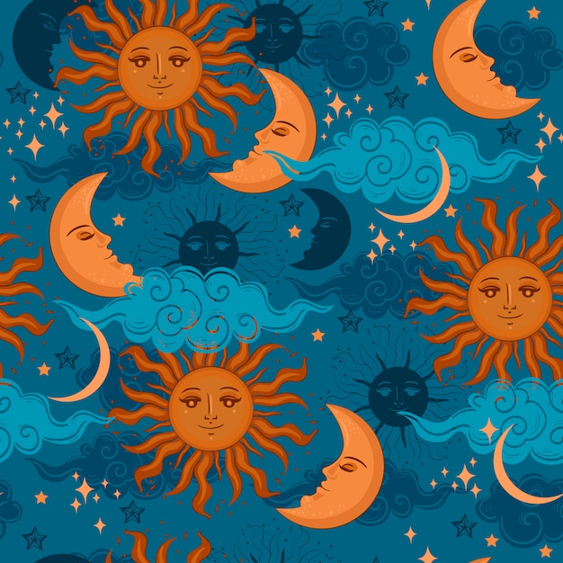 Stars sun and moon seamless pattern.  graphics.