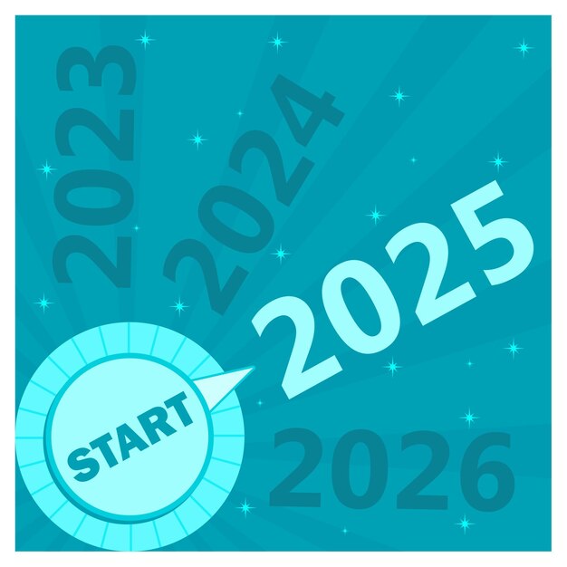 Start button with text 2023 2024 2025 2026 Start turning the button and it will stop at number 2025 Happy New Year 2025 concept Flat vector illustration