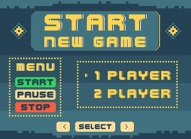 Start game menu Pixel art console Dashboard display 8 bit arcade player Video gaming font Retro computer graphic style GUI panel buttons with digital labels Vector background