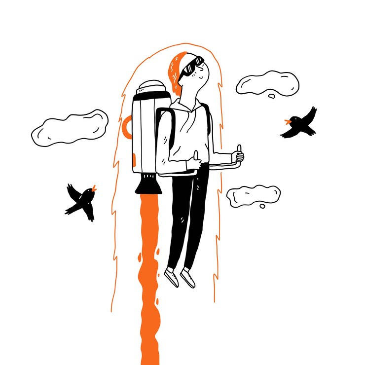 Vektor start up concept aviator or rocket man with jetpack on his back hand drawing vector illustration line art doodle style
