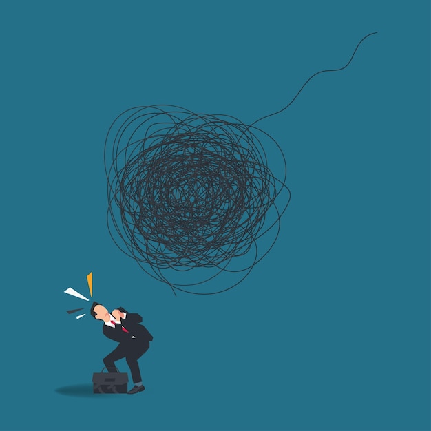 startled businessman looking at big scribble roll businessman with many problems vector illustration