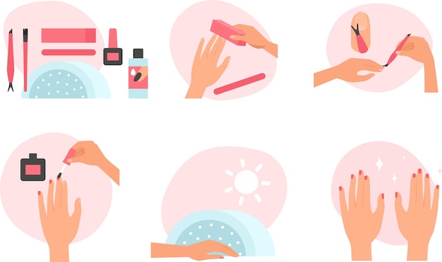 Steps of manicure and nail polish flat icons set female hands painting fingernails