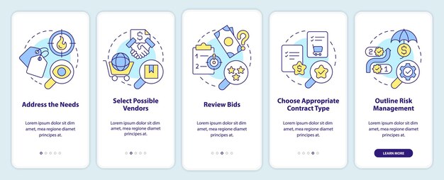Steps of procurement process onboarding mobile app screen