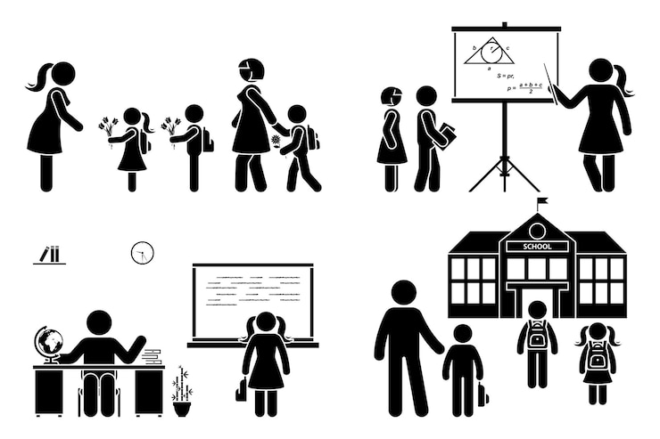 Vektor stick figure teacher school boy girl go first day knowledge parents with children kids walking