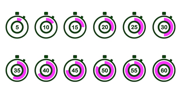 Stopwatch icons with red segments representing intervals from 5 to 60 seconds Visual countdown