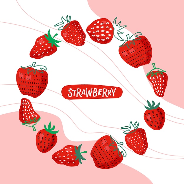 Strawberry product packaging Abstract print with red strawberry on pink white waves and inscription Flat Vector for menu cafe recipe design Packaging for yogurt jam fruit cosmetics perfumery