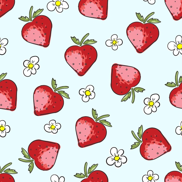 strawberry with flowers abstract hand drawn seamless pattern on blue background for typography textiles or packaging design