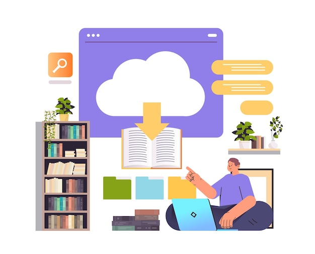Student downloading course material from virtual cloud online education distance learning concept