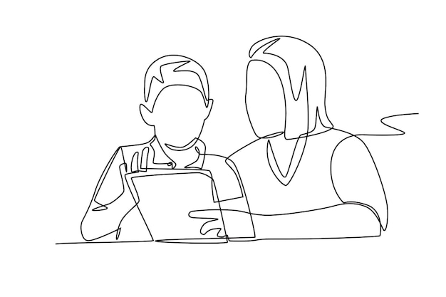 students and teachers using touch pads concept oneline drawing