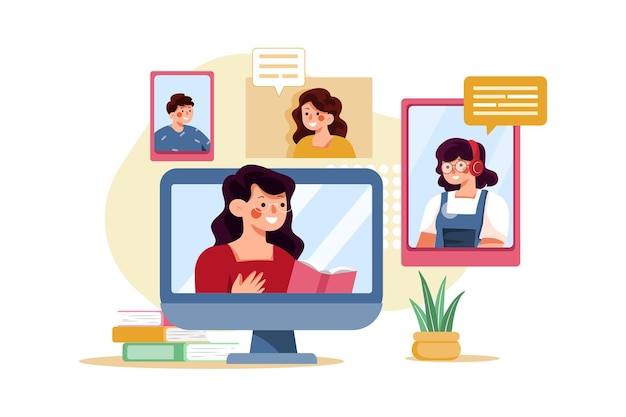Students learning and discussing with online teacher