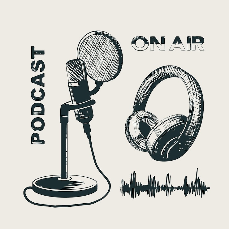Studiová sluchátka, mikrofon na stojanu a zvuková vlna. Vektorové izolované prvky pro návrh podcastu.