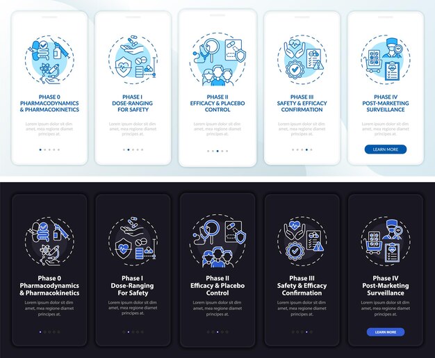 study phases onboarding mobile app page screen with concepts