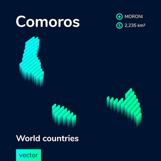 stylized striped vector isometric 3d map of comoros map of comoros is in neon green and mint colors