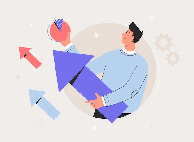 successful project launch, corporate strategy presentation, business growth metaphors. businessman holding large arrow. successful startup and career growth concept.