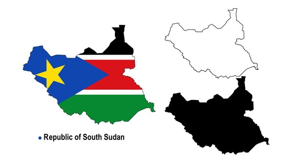 Sudan South Map Vector Country Outline Flag Inside Map Blank and Silhouette Version