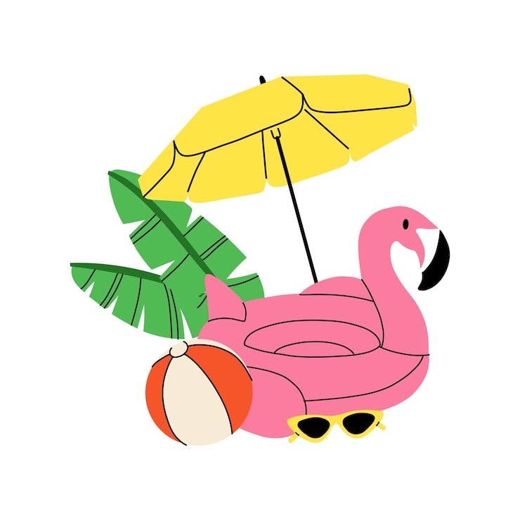 Vektor summer beach umbrella sun lounger inflatable flamingo ring and hat sunglasses summertime holiday journey sea vacation print composition card or poster vector cartoon flat isolated illustration