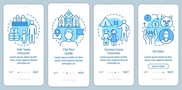 Summer part-time jobs blue onboarding mobile app page screen with linear concepts. Swim instructor, tour guide walkthrough steps graphic instructions. UX, UI, GUI vector template with illustrations