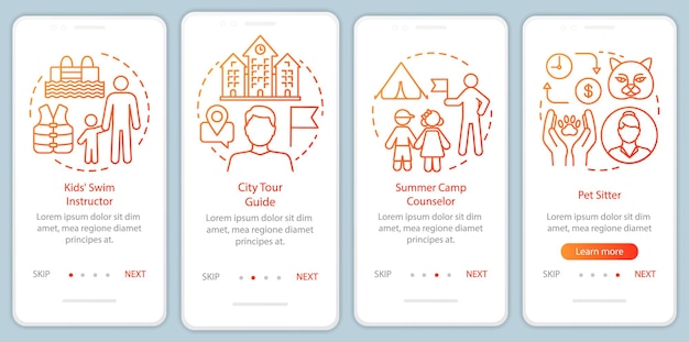 Summer parttime jobs orange onboarding mobile app page screen vector template