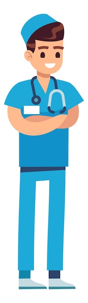 Surgeon character Smiling man in doctor blue uniform
