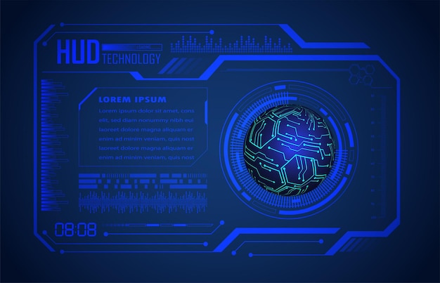 Světová binární deska plošných spojů, modré HUD budoucí technologie, koncept kybernetické bezpečnosti pozadí